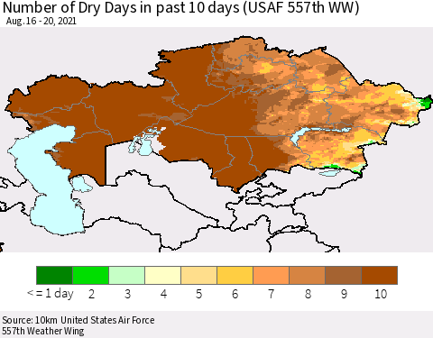 Kazakhstan Number of Dry Days in past 10 days (USAF 557th WW) Thematic Map For 8/16/2021 - 8/20/2021
