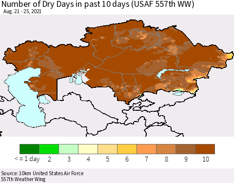 Kazakhstan Number of Dry Days in past 10 days (USAF 557th WW) Thematic Map For 8/21/2021 - 8/25/2021