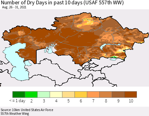 Kazakhstan Number of Dry Days in past 10 days (USAF 557th WW) Thematic Map For 8/26/2021 - 8/31/2021