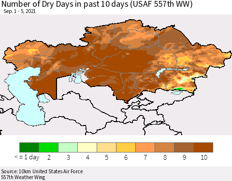 Kazakhstan Number of Dry Days in past 10 days (USAF 557th WW) Thematic Map For 9/1/2021 - 9/5/2021