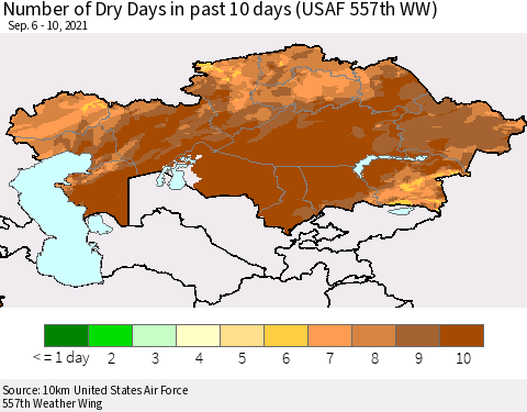 Kazakhstan Number of Dry Days in past 10 days (USAF 557th WW) Thematic Map For 9/6/2021 - 9/10/2021