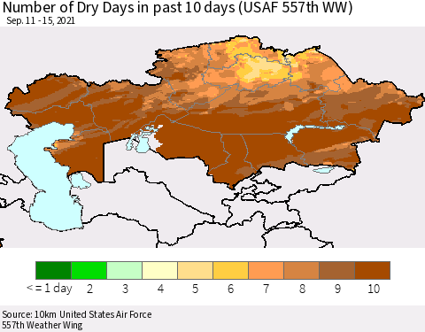 Kazakhstan Number of Dry Days in past 10 days (USAF 557th WW) Thematic Map For 9/11/2021 - 9/15/2021