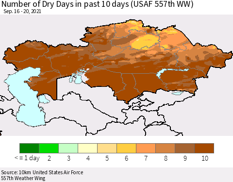Kazakhstan Number of Dry Days in past 10 days (USAF 557th WW) Thematic Map For 9/16/2021 - 9/20/2021