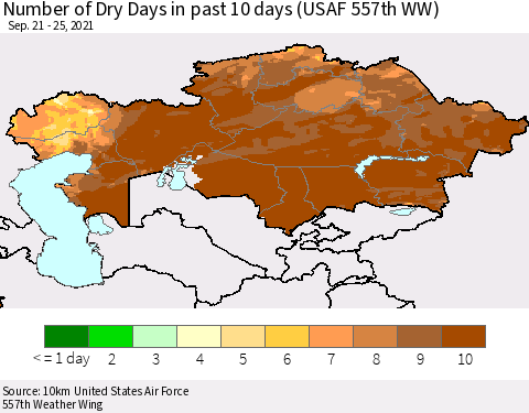 Kazakhstan Number of Dry Days in past 10 days (USAF 557th WW) Thematic Map For 9/21/2021 - 9/25/2021