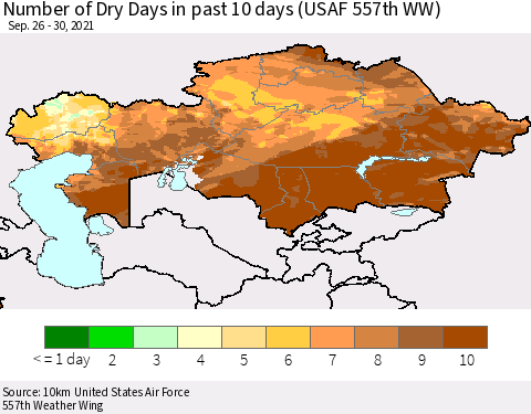 Kazakhstan Number of Dry Days in past 10 days (USAF 557th WW) Thematic Map For 9/26/2021 - 9/30/2021