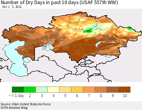Kazakhstan Number of Dry Days in past 10 days (USAF 557th WW) Thematic Map For 10/1/2021 - 10/5/2021