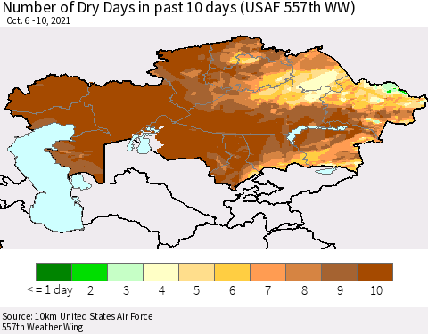 Kazakhstan Number of Dry Days in past 10 days (USAF 557th WW) Thematic Map For 10/6/2021 - 10/10/2021