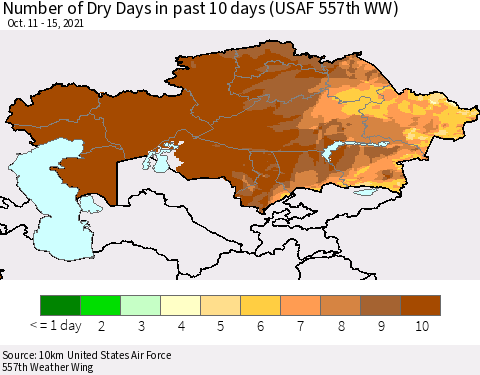 Kazakhstan Number of Dry Days in past 10 days (USAF 557th WW) Thematic Map For 10/11/2021 - 10/15/2021