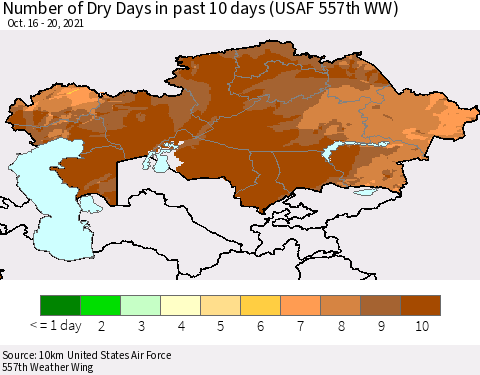 Kazakhstan Number of Dry Days in past 10 days (USAF 557th WW) Thematic Map For 10/16/2021 - 10/20/2021