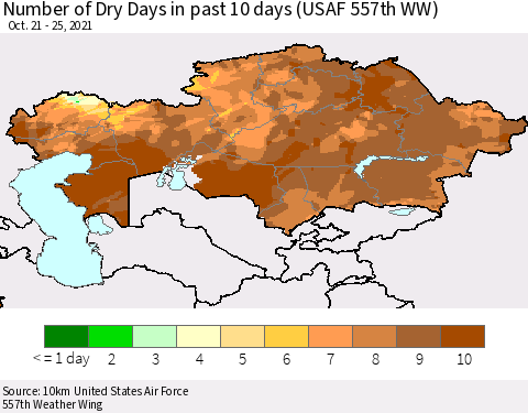 Kazakhstan Number of Dry Days in past 10 days (USAF 557th WW) Thematic Map For 10/21/2021 - 10/25/2021