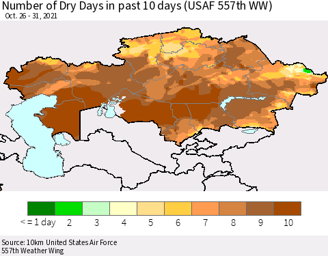 Kazakhstan Number of Dry Days in past 10 days (USAF 557th WW) Thematic Map For 10/26/2021 - 10/31/2021