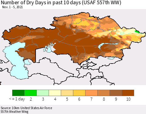Kazakhstan Number of Dry Days in past 10 days (USAF 557th WW) Thematic Map For 11/1/2021 - 11/5/2021