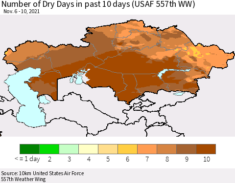Kazakhstan Number of Dry Days in past 10 days (USAF 557th WW) Thematic Map For 11/6/2021 - 11/10/2021