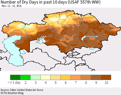 Kazakhstan Number of Dry Days in past 10 days (USAF 557th WW) Thematic Map For 11/11/2021 - 11/15/2021