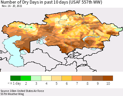 Kazakhstan Number of Dry Days in past 10 days (USAF 557th WW) Thematic Map For 11/16/2021 - 11/20/2021
