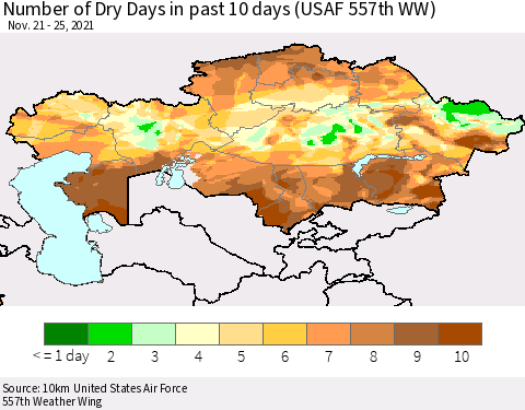 Kazakhstan Number of Dry Days in past 10 days (USAF 557th WW) Thematic Map For 11/21/2021 - 11/25/2021