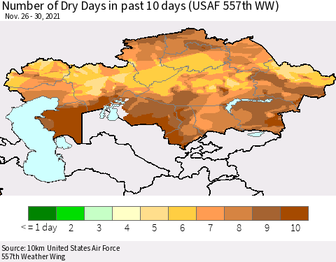 Kazakhstan Number of Dry Days in past 10 days (USAF 557th WW) Thematic Map For 11/26/2021 - 11/30/2021