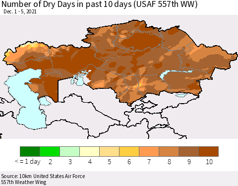 Kazakhstan Number of Dry Days in past 10 days (USAF 557th WW) Thematic Map For 12/1/2021 - 12/5/2021