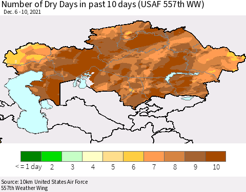 Kazakhstan Number of Dry Days in past 10 days (USAF 557th WW) Thematic Map For 12/6/2021 - 12/10/2021