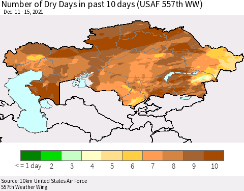 Kazakhstan Number of Dry Days in past 10 days (USAF 557th WW) Thematic Map For 12/11/2021 - 12/15/2021