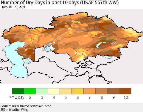 Kazakhstan Number of Dry Days in past 10 days (USAF 557th WW) Thematic Map For 12/16/2021 - 12/20/2021