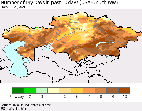 Kazakhstan Number of Dry Days in past 10 days (USAF 557th WW) Thematic Map For 12/21/2021 - 12/25/2021