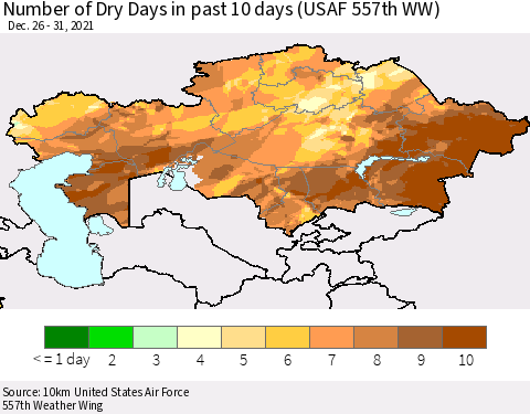 Kazakhstan Number of Dry Days in past 10 days (USAF 557th WW) Thematic Map For 12/26/2021 - 12/31/2021