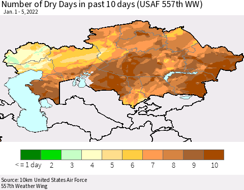 Kazakhstan Number of Dry Days in past 10 days (USAF 557th WW) Thematic Map For 1/1/2022 - 1/5/2022