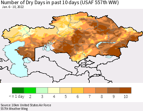 Kazakhstan Number of Dry Days in past 10 days (USAF 557th WW) Thematic Map For 1/6/2022 - 1/10/2022