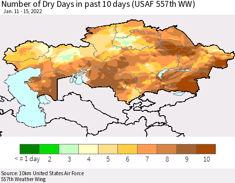 Kazakhstan Number of Dry Days in past 10 days (USAF 557th WW) Thematic Map For 1/11/2022 - 1/15/2022