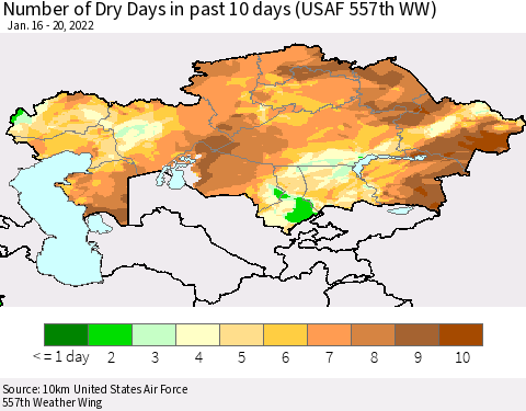 Kazakhstan Number of Dry Days in past 10 days (USAF 557th WW) Thematic Map For 1/16/2022 - 1/20/2022