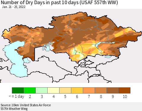 Kazakhstan Number of Dry Days in past 10 days (USAF 557th WW) Thematic Map For 1/21/2022 - 1/25/2022
