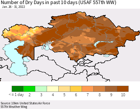 Kazakhstan Number of Dry Days in past 10 days (USAF 557th WW) Thematic Map For 1/26/2022 - 1/31/2022