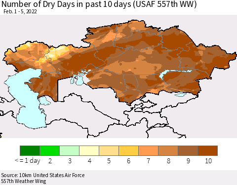 Kazakhstan Number of Dry Days in past 10 days (USAF 557th WW) Thematic Map For 2/1/2022 - 2/5/2022