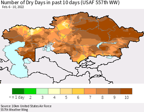 Kazakhstan Number of Dry Days in past 10 days (USAF 557th WW) Thematic Map For 2/6/2022 - 2/10/2022