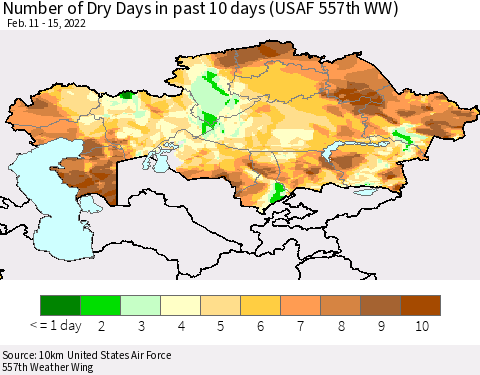 Kazakhstan Number of Dry Days in past 10 days (USAF 557th WW) Thematic Map For 2/11/2022 - 2/15/2022