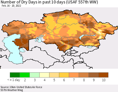 Kazakhstan Number of Dry Days in past 10 days (USAF 557th WW) Thematic Map For 2/16/2022 - 2/20/2022