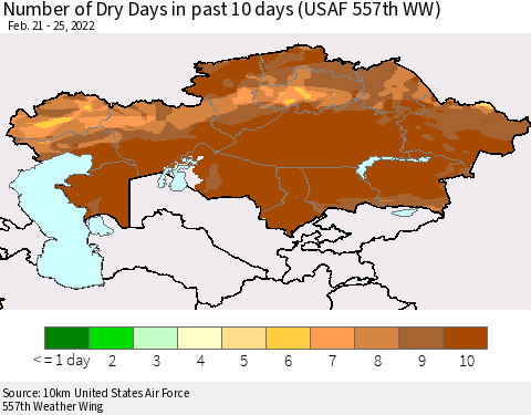 Kazakhstan Number of Dry Days in past 10 days (USAF 557th WW) Thematic Map For 2/21/2022 - 2/25/2022