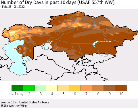 Kazakhstan Number of Dry Days in past 10 days (USAF 557th WW) Thematic Map For 2/26/2022 - 2/28/2022