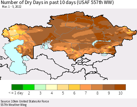 Kazakhstan Number of Dry Days in past 10 days (USAF 557th WW) Thematic Map For 3/1/2022 - 3/5/2022