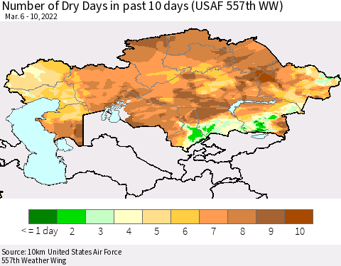Kazakhstan Number of Dry Days in past 10 days (USAF 557th WW) Thematic Map For 3/6/2022 - 3/10/2022