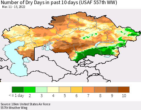 Kazakhstan Number of Dry Days in past 10 days (USAF 557th WW) Thematic Map For 3/11/2022 - 3/15/2022