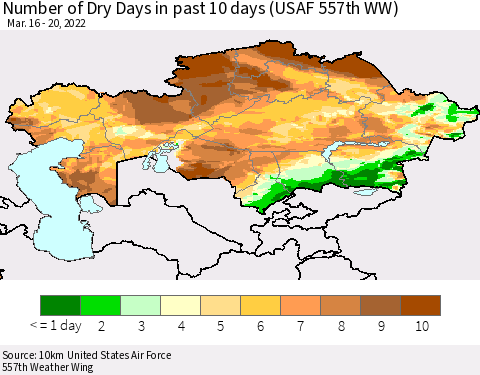 Kazakhstan Number of Dry Days in past 10 days (USAF 557th WW) Thematic Map For 3/16/2022 - 3/20/2022