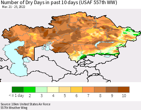 Kazakhstan Number of Dry Days in past 10 days (USAF 557th WW) Thematic Map For 3/21/2022 - 3/25/2022