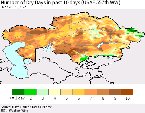 Kazakhstan Number of Dry Days in past 10 days (USAF 557th WW) Thematic Map For 3/26/2022 - 3/31/2022