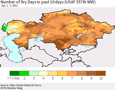 Kazakhstan Number of Dry Days in past 10 days (USAF 557th WW) Thematic Map For 4/1/2022 - 4/5/2022