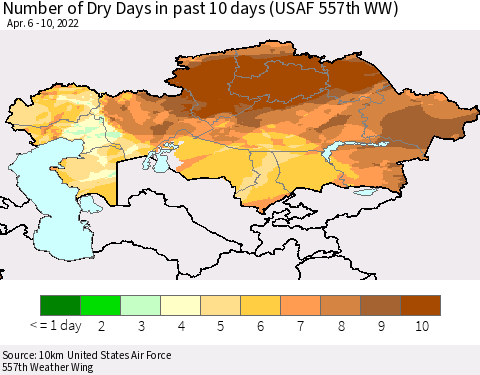 Kazakhstan Number of Dry Days in past 10 days (USAF 557th WW) Thematic Map For 4/6/2022 - 4/10/2022
