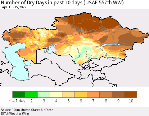 Kazakhstan Number of Dry Days in past 10 days (USAF 557th WW) Thematic Map For 4/11/2022 - 4/15/2022