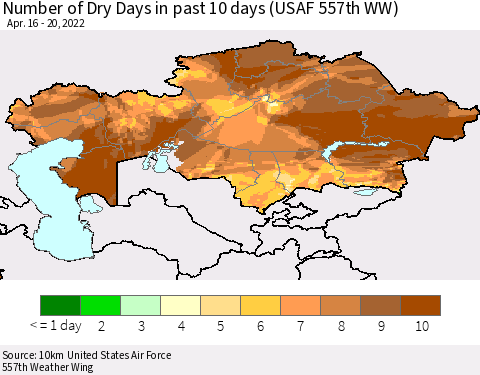 Kazakhstan Number of Dry Days in past 10 days (USAF 557th WW) Thematic Map For 4/16/2022 - 4/20/2022