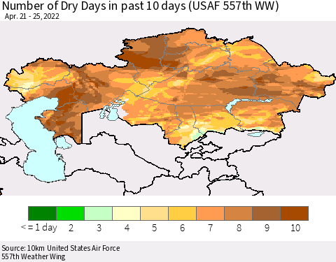 Kazakhstan Number of Dry Days in past 10 days (USAF 557th WW) Thematic Map For 4/21/2022 - 4/25/2022